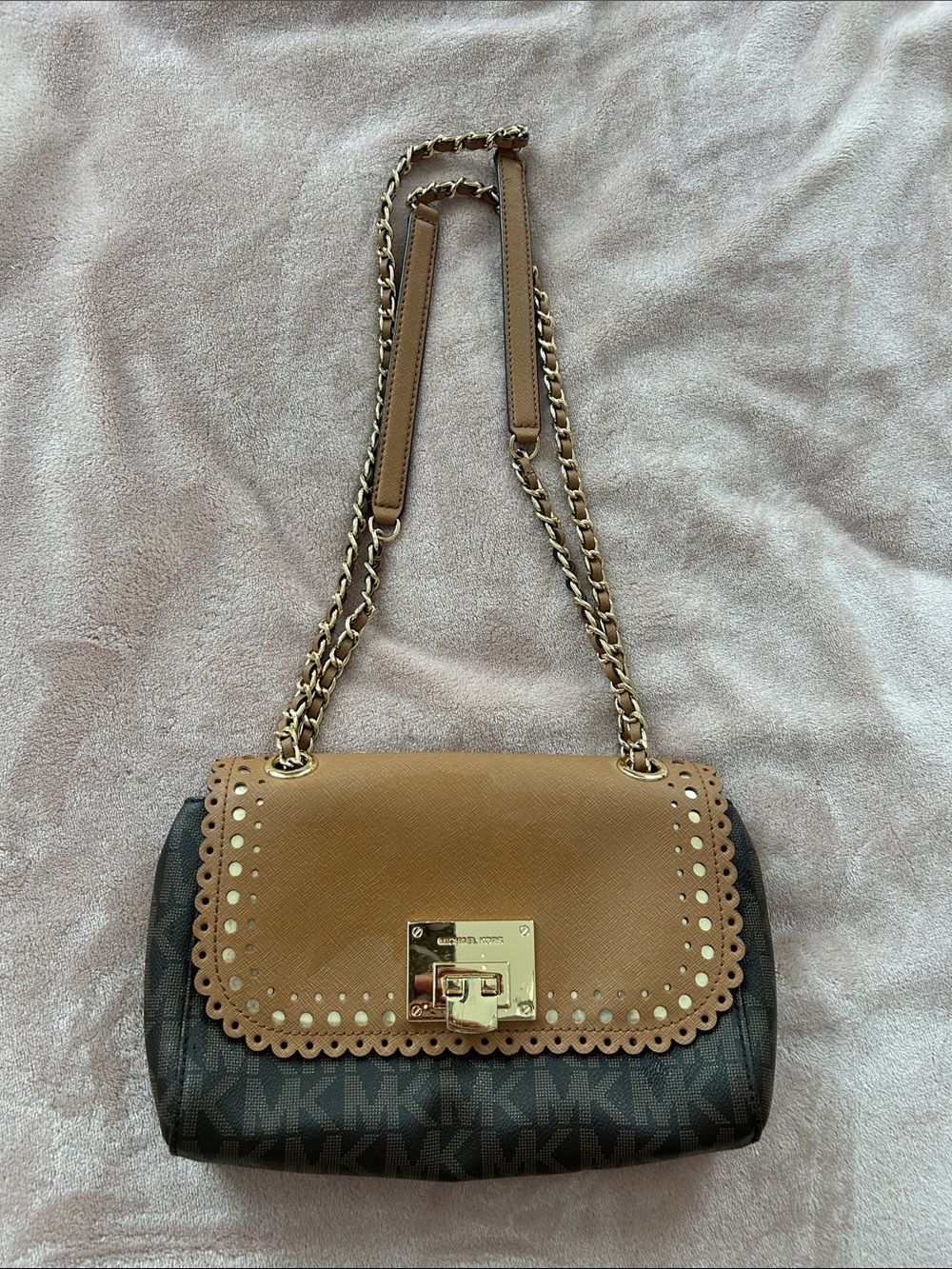 Michael Kors Brown Logo and Tan Leather Shoulder Bag with Gold Chain